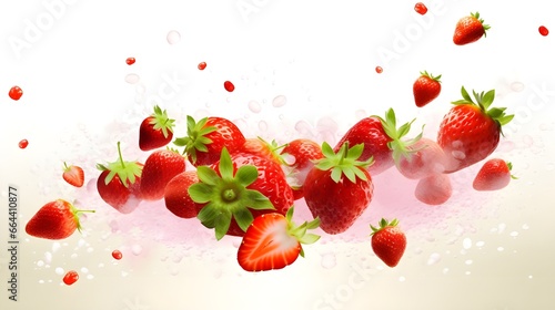 Milk or yogurt splash with strawberries isolated on white background, 3d rendering isolated PNG

