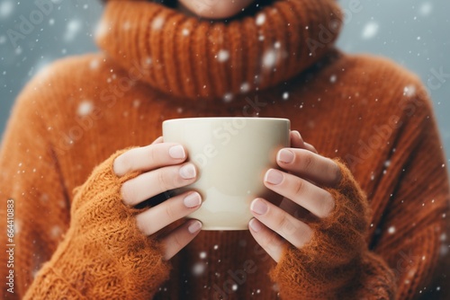 Woman in a warm sweater holding a mug winter, snowing, cold close ups