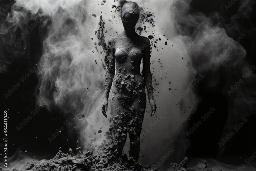 A woman statue made up of ashes and charcoal to illustrate defeat and oppression