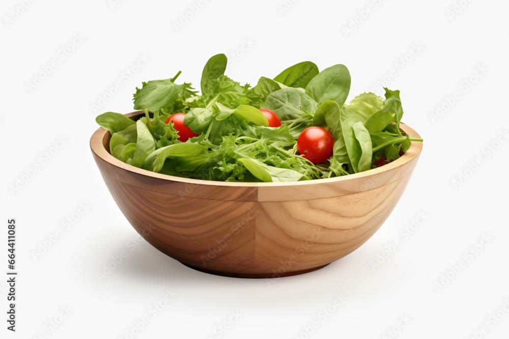 Healthy green salad in a wooden bowl, isolated on a white background Healthy green salad in a wooden bowl, isolated on a white background