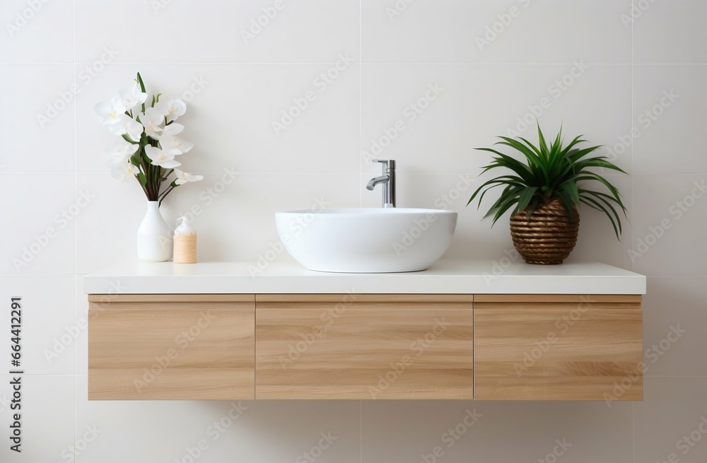 Fototapeta premium Scandinavian Bathroom: Wall-Mounted Vanity with Vessel Sink and Mirror. Generative ai