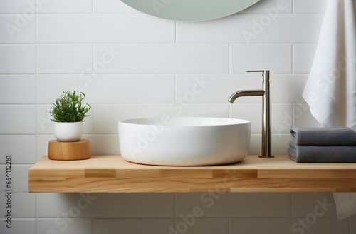 Scandinavian Bathroom  Wall-Mounted Vanity with Vessel Sink and Mirror. Generative ai