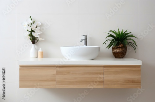 Scandinavian Bathroom  Wall-Mounted Vanity with Vessel Sink and Mirror. Generative ai