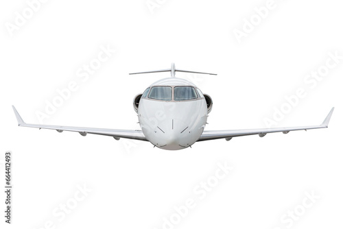 Front view of the white corporate airplane fly isolated