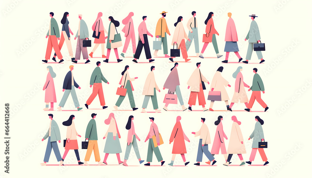 Various People passing by in soft pastel colors. The scene focuses on the diversity of individuals. Generative AI. Various People passing by in soft pastel colors. The scene focuses on the diversity of individuals. Generative AI.