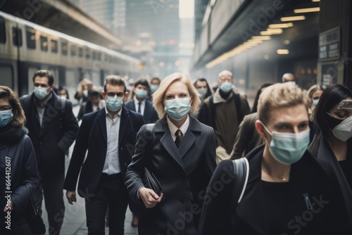 group of people in masks walking in urban city street during covid pandemic. corporate workers in suits going to work, blurred background