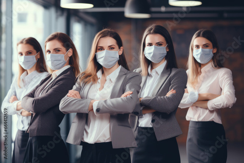 group of women coworkers in face masks posing with hands crossed in office space. social poster or banner concept during coronavirus pandemic