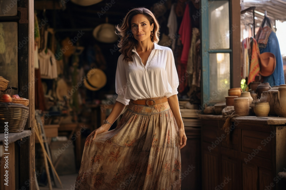Beautiful middle-aged Hispanic woman in traditional national clothing at a local grocery store. Charming brunette is shopping in hardware store. Indigenous traditions of everyday life. Beautiful middle-aged Hispanic woman in traditional national clothing at a local grocery store. Charming brunette is shopping in hardware store. Indigenous traditions of everyday life.