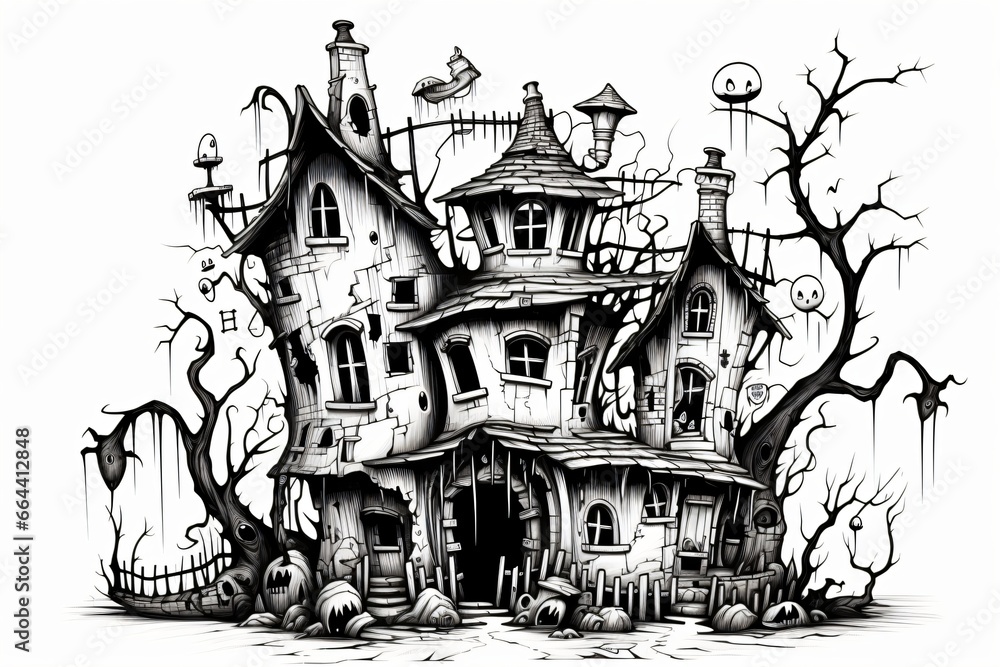 Pencil drawing of a spooky castle, black and white halloween illustration