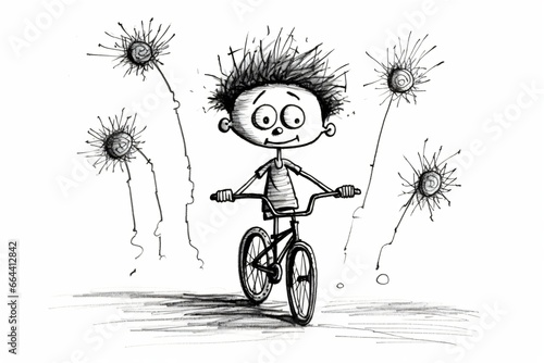 Creative and ugly doodle of a boy riding a bicycle photo