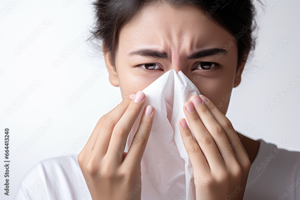close up of teenage asian boy with handkerchief in hands on white background. teen sneezes from a cold or wipes away tears close up of teenage asian boy with handkerchief in hands on white background. teen sneezes from a cold or wipes away tears