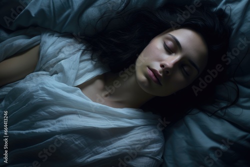 close up portrait of tired young woman sleeping in bed