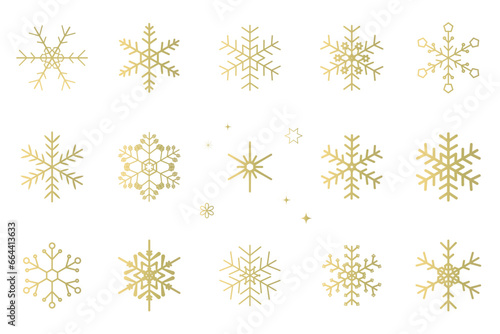 ゴールドのグラデーションの雪の結晶のイラストセット　ベクター素材　snow crystal　snowflake