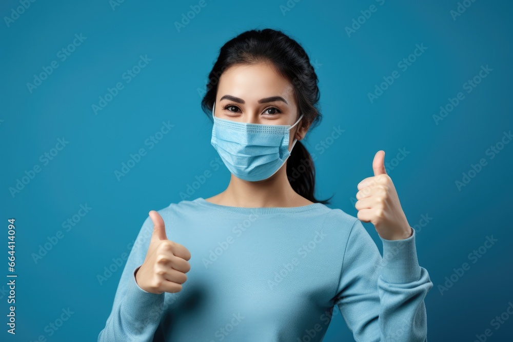 young woman in medical mask giving thumbs up gesture on blue background. - obrazy, fototapety, plakaty 
