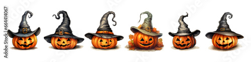 Halloween pumpkins with witch hats. Scary pumpkin lanterns with evil smile set. Cartoon Jack-O-lantern. Vector illustration isolated on white. Transparent png