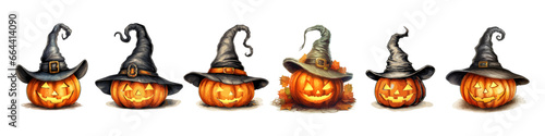 Halloween pumpkins with witch hats. Scary pumpkin lanterns with evil smile set. Cartoon Jack-O-lantern. Vector illustration isolated on white. Transparent png