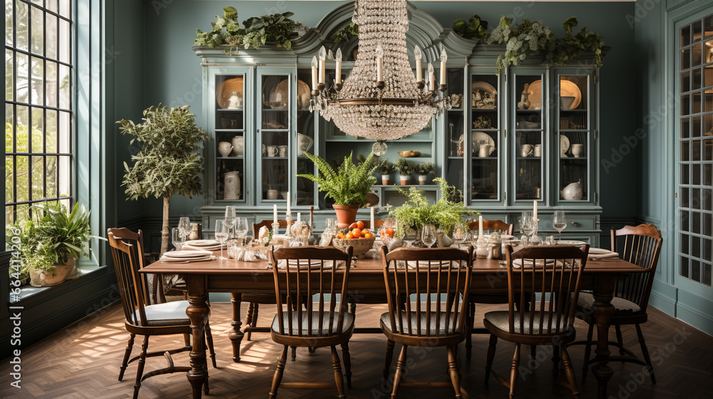 Vintage-inspired dining room with antique furniture