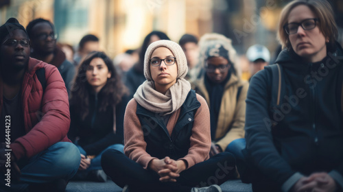 Activists engaging in a silent sit-in protest in a public space
