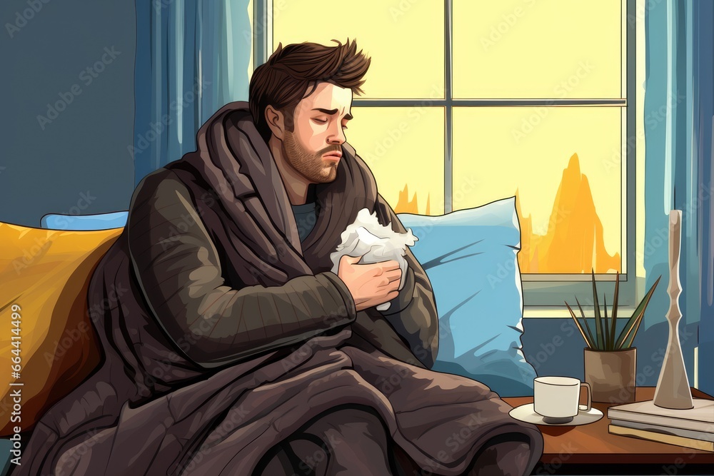 illustration of a young sick man sneezing into a handkerchief, flu and cold symptoms illustration of a young sick man sneezing into a handkerchief, flu and cold symptoms