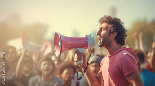 A protester speaking through a megaphone to address a large crowd © basketman23