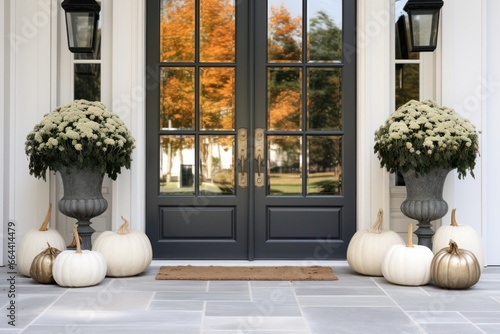 luxurious home details - door with autumn decoration with pumpkins, wheat and flowers. Halloween and autumn arrangements on house entrance and exterior. photo
