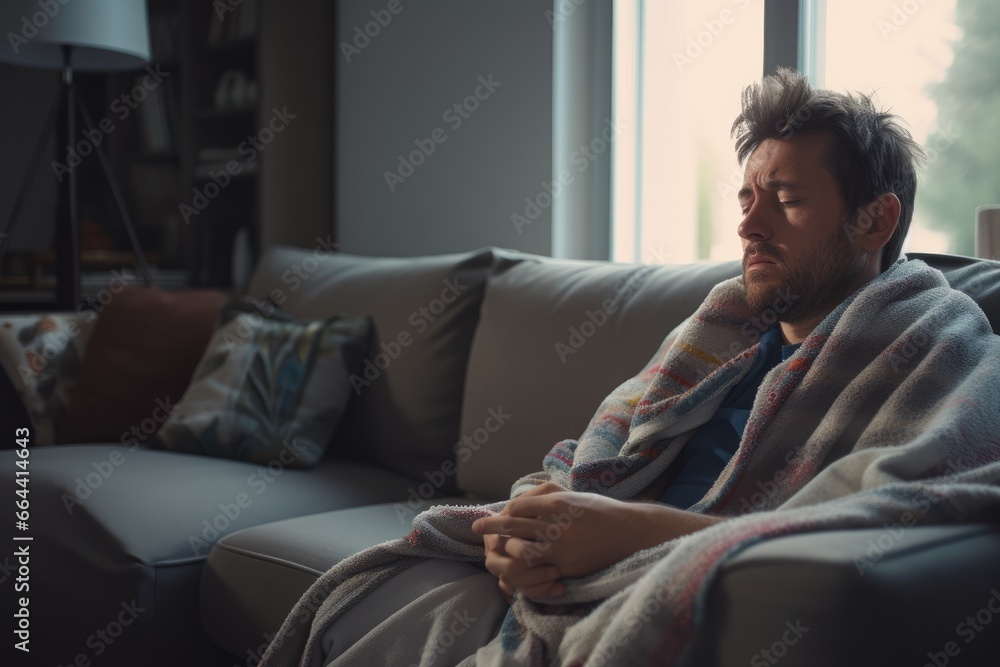 sick man wrapped in blanket suffer from flu and cold symptoms. male sitting on sofa in living room on quarantine sick man wrapped in blanket suffer from flu and cold symptoms. male sitting on sofa in living room on quarantine
