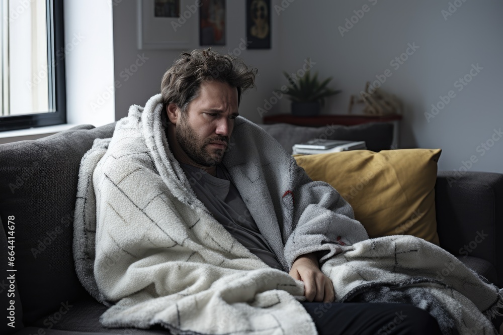 sick man wrapped in blanket suffer from flu and cold symptoms. male sitting on sofa in living room on quarantine