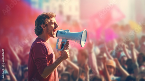 A protester speaking through a megaphone to address a large crowd photo
