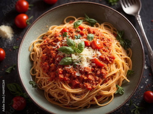 Spaghetti Bowl with Tomato Sauce, Grated Parmesan Cheese and Red Pepper Flakes (Top View)