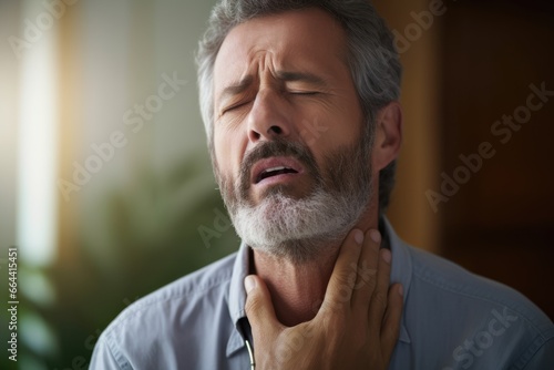 close up of man feels a cold or flu symptom, a sore throat. seasonal disease concept photo