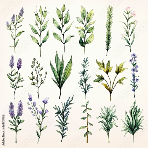 Collection of watercolor herbs clipart on white background. © Dibos