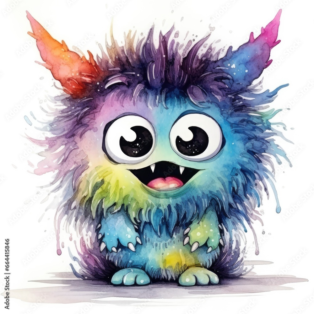 Watercolor cute monster on white background.