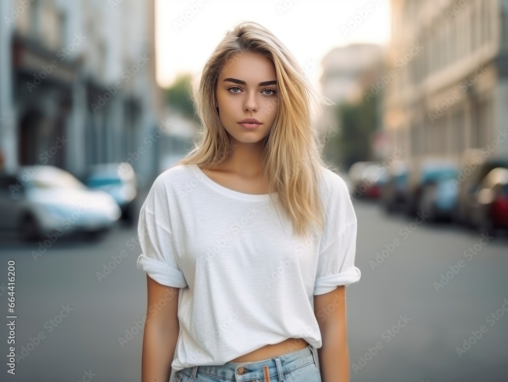 Portrait of beautiful cute blond teenager model in summer hipster clothes posing on the street Portrait of beautiful cute blond teenager model in summer hipster clothes posing on the street