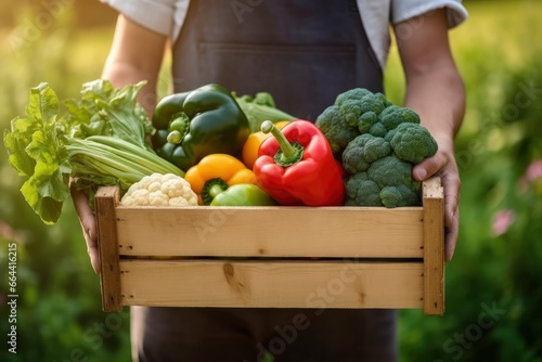 Farmer man holding wooden box full of fresh raw vegetables.