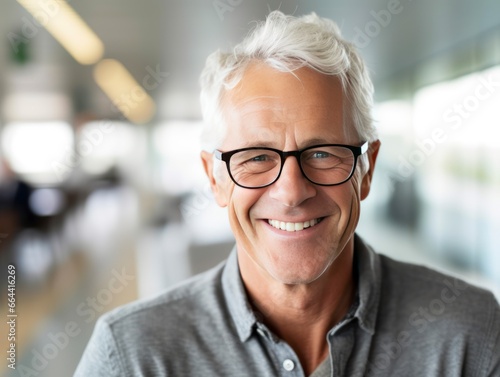 Portrait of smiling man with grey hair and glasses