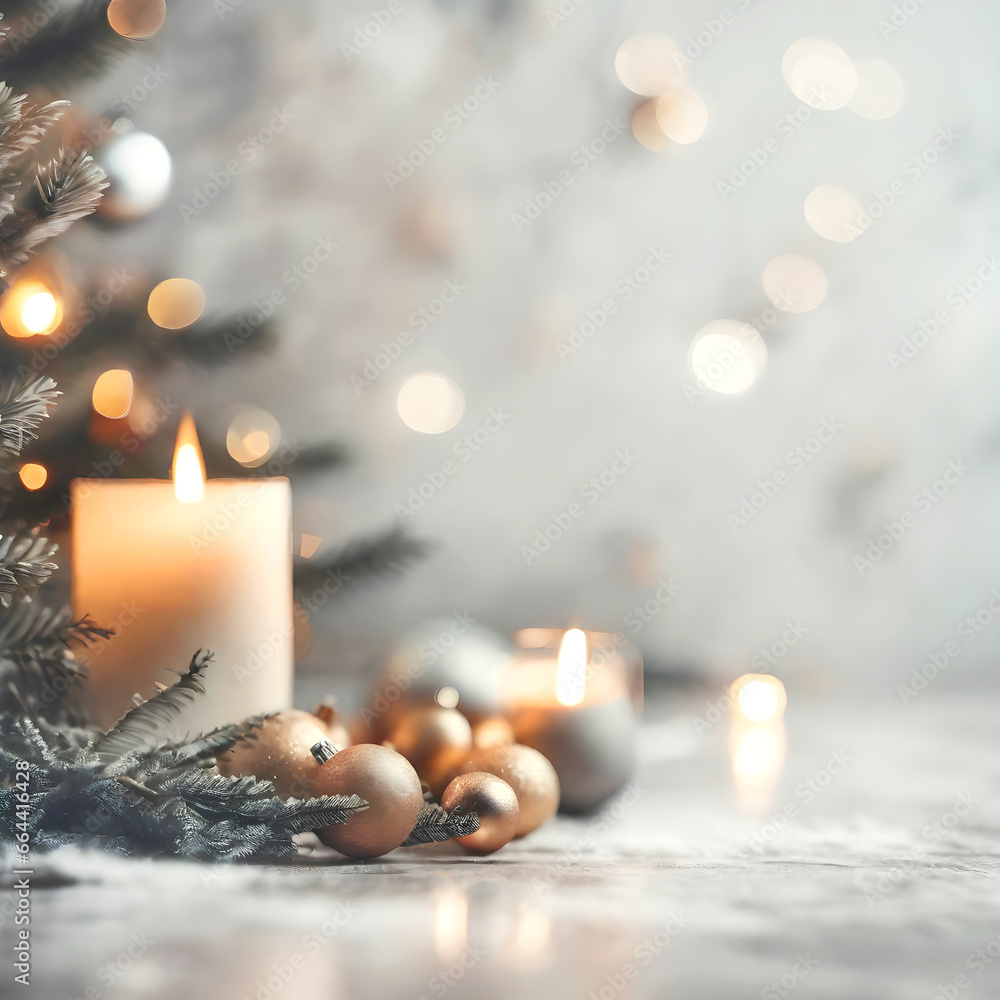 Christmas concept with burning candle and golden balls