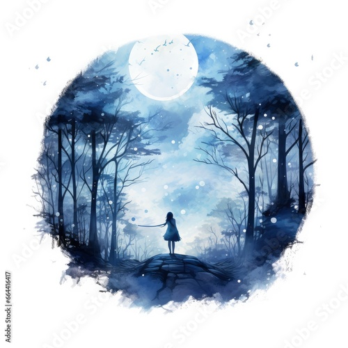Forest moon silhouette with fairy shining in the night sky on a white background.