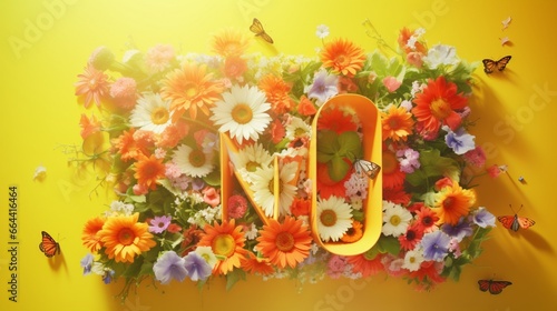 Flowers forming the word "SUMMER" on a vivid background. springtime idea. Lay flat