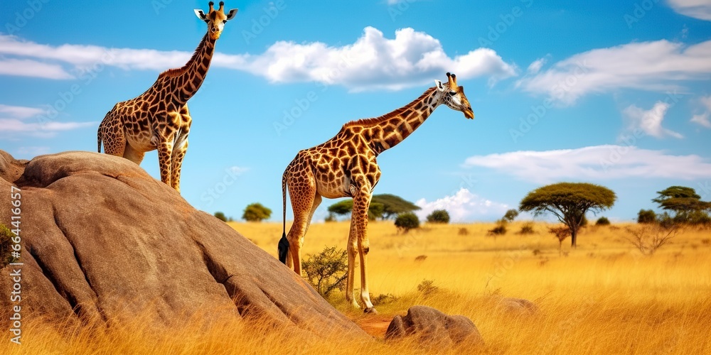 Obraz premium Giraffes in the African savannah. Serengeti National Park. Africa. Tanzania.