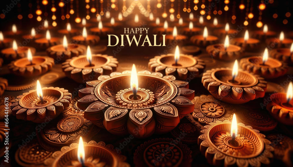 Happy Diwali motif: Delicately crafted lamps radiating a soft luminescence Happy Diwali motif: Delicately crafted lamps radiating a soft luminescence