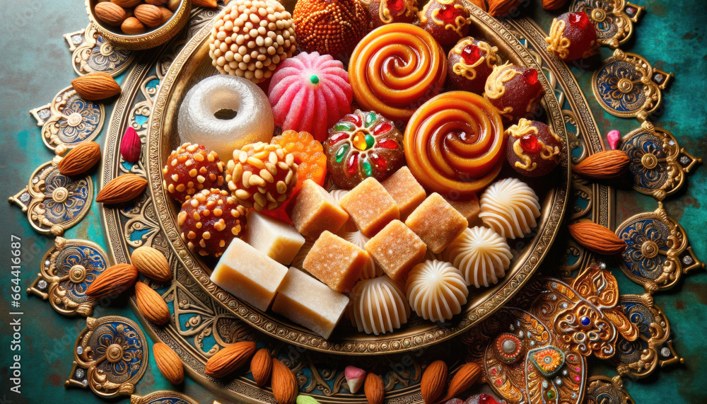 A detailed look into the rich textures and colors of Diwali sweets.