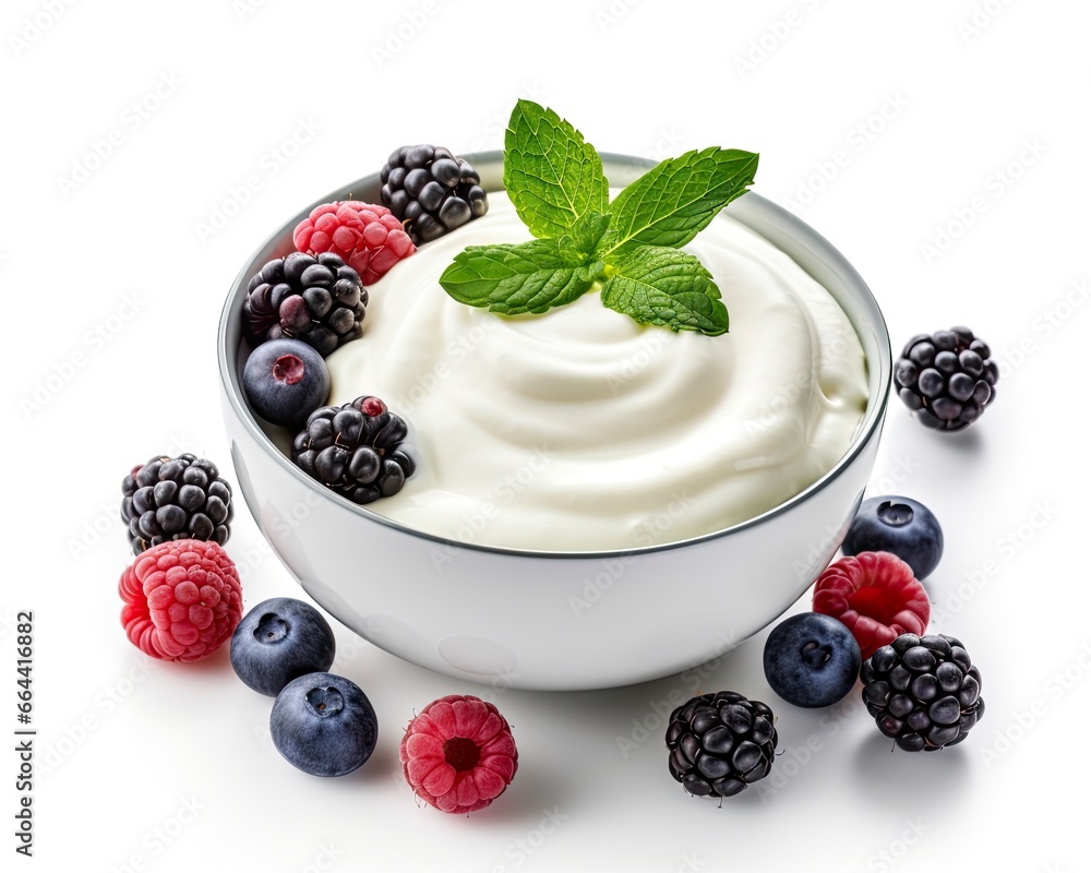 Green bowl of greek yogurt and fresh berries isolated on white background. Green bowl of greek yogurt and fresh berries isolated on white background.