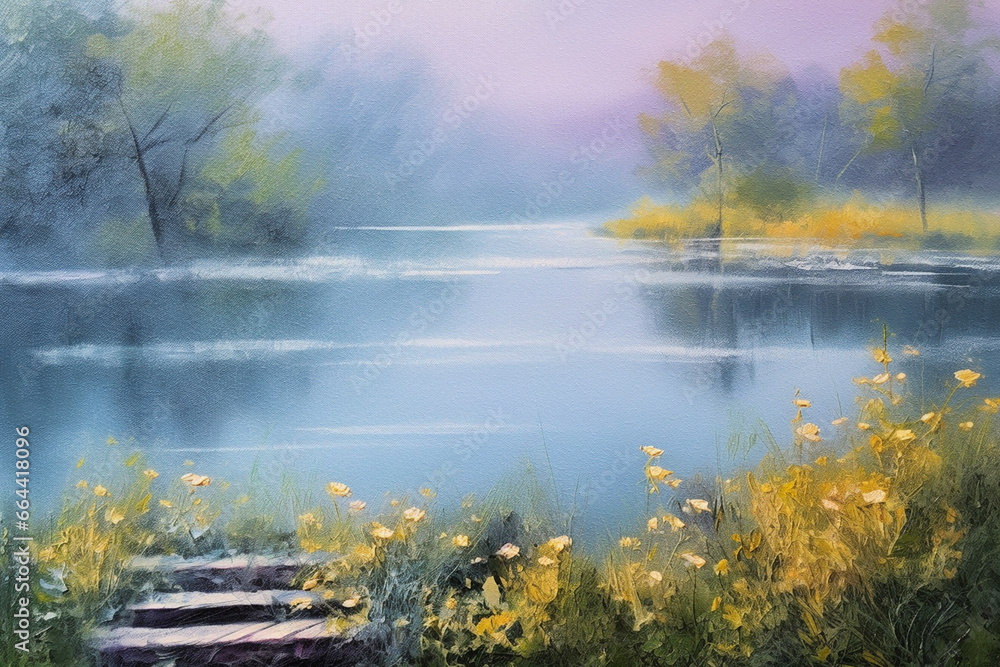Dawn's Tranquil Mist: Original Oil Painting on Paper Depicting Early Morning Fog on the River