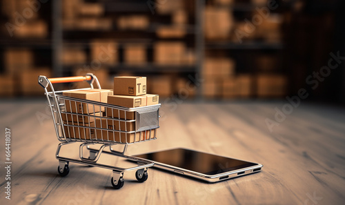 Smart phone with Iron shopping cart for online transportation in your smartphone logistic background concept. Iron shopping cart filled with packages. Ordering online or online business shop.  photo