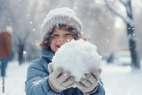 childrens with snowballs fighting on the snowfall photo