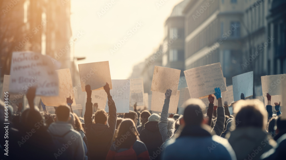 Demonstrators holding signs and marching down a city street in a peaceful protest - obrazy, fototapety, plakaty 