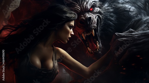 Dark fantasy illustration of a werewolf and a woman, forbidden love photo