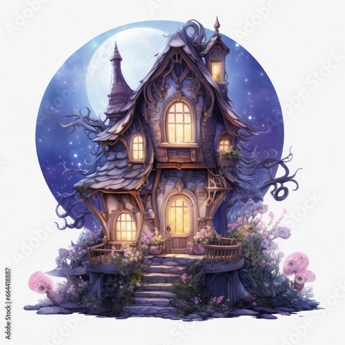 Moonlight dark themed night elf fairytale fantasy fairy house. © Dibos
