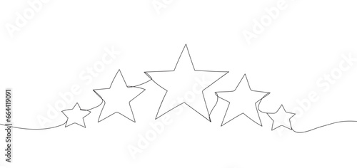 Continuous line drawing of stars. One line drawing background. Five stars outline drawing. Hand drawn doodle stars illustration in continuous line style.