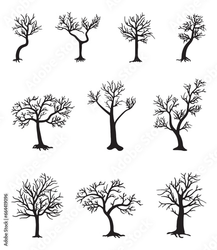 Collection of vector illustrations of leafless tree silhouettes in autumn